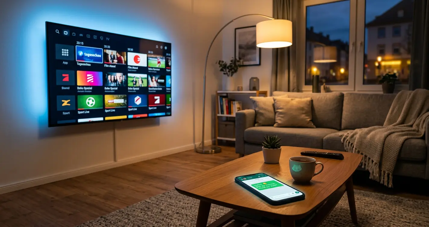 Wohnzimmer mit Smart TV und Smartphone für einen IPTV Test